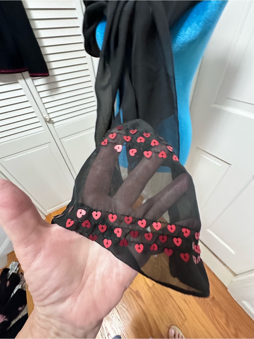 Sheer Black Scarf with Red Heart Embellishments. Gorgeous ! Wear your heart !